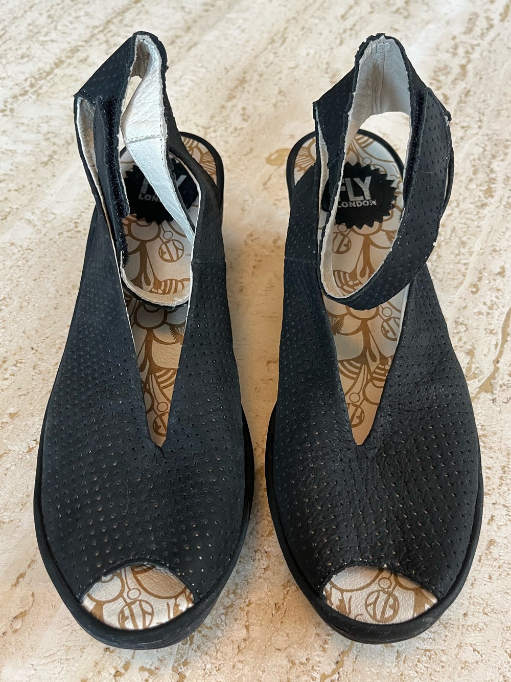 FLY London | Yala Perf Wedge Sandals | Black Suede | Size EU 39